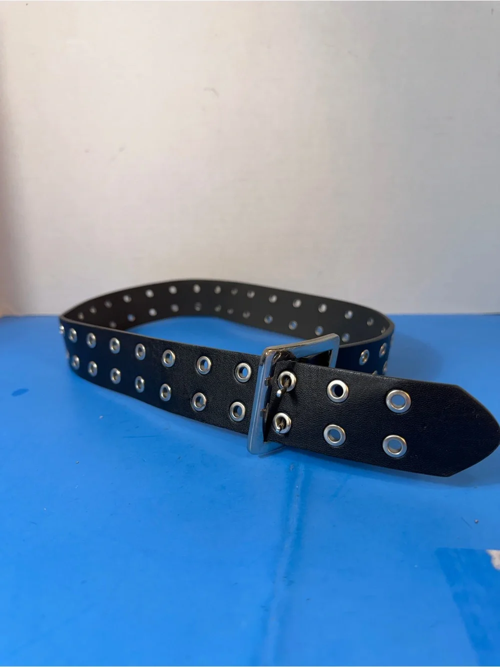 Black Double-Row Grommet Leather Belt with Silver Buckle